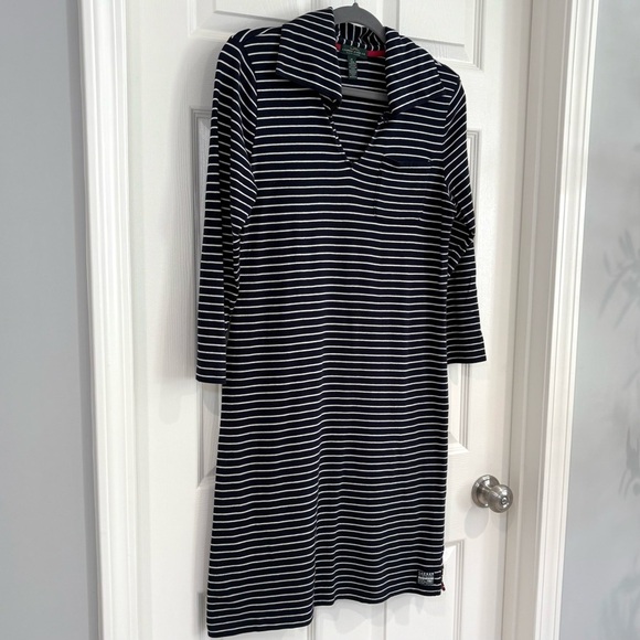 LRL Lauren Jeans Co Ralph Lauren Striped Navy Nautical 3/4 Sleeve Shirt Dress M - Picture 3 of 12